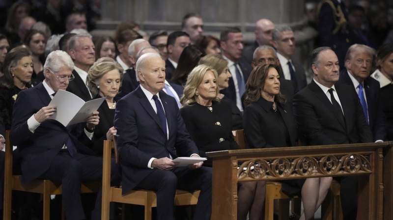 Joe Biden, Jill Biden and other former U.S. presidents, vice-presidents and their spouses attend the state funeral for former president Jimmy Carter in Washington, Thursday, Jan. 9, 2025. (AP Photo/Ben Curtis)