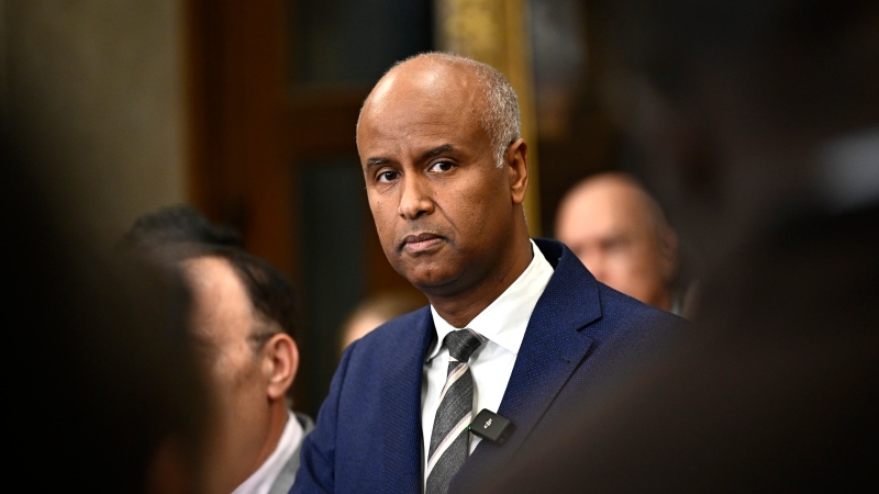 Minister of International Development Ahmed Hussen speaks at a news conference in the Foyer of the House of Commons on Parliament Hill in Ottawa, on Wednesday, Oct. 9, 2024. THE CANADIAN PRESS/Justin Tang
