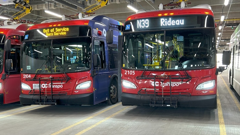 The new zero-emission OC Transpo buses will have white exterior screens and new enhanced interior screens for riders. (OC Transpo/X)