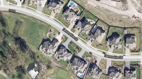 An upscale neighbourhood in Surrey, B.C., where a toddler was saved from drowning on July 7, 2010. (Google Maps)