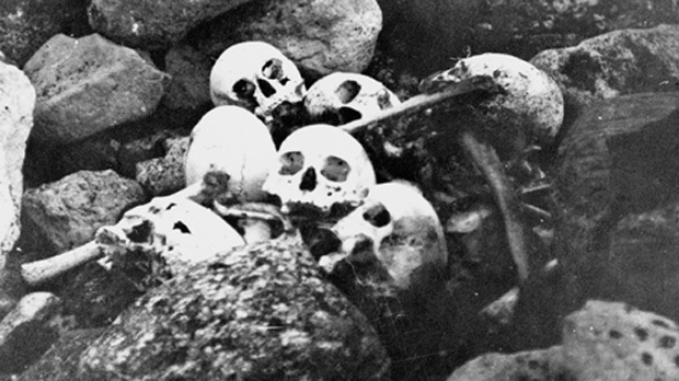 Skulls of members of the Franklin Expedition, discovered and buried by William Skinner and Paddy Gibson in 1945, at King William Island, N.W.T. (now Nunavut), are shown in this photo from the National Archives of Canada Collections. (National Archives of Canada / THE CANADIAN PRESS)